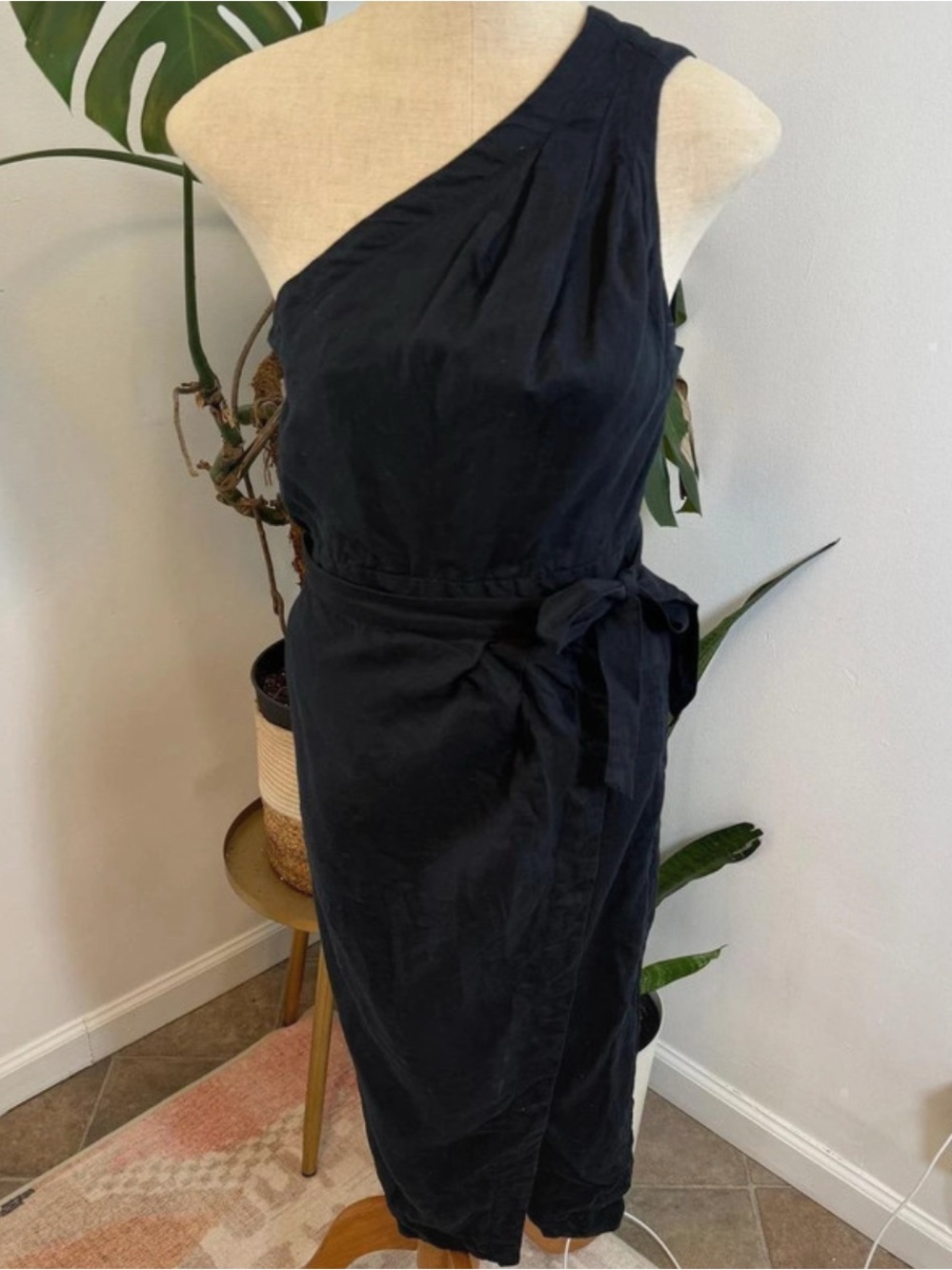 Anthropologie One-Shoulder Black Wrap Midi Dress